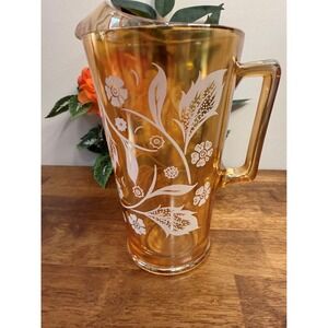 Jeannette Marigold‎ Carnival Glass Pitcher – Etched Floral Depression Era Jug
